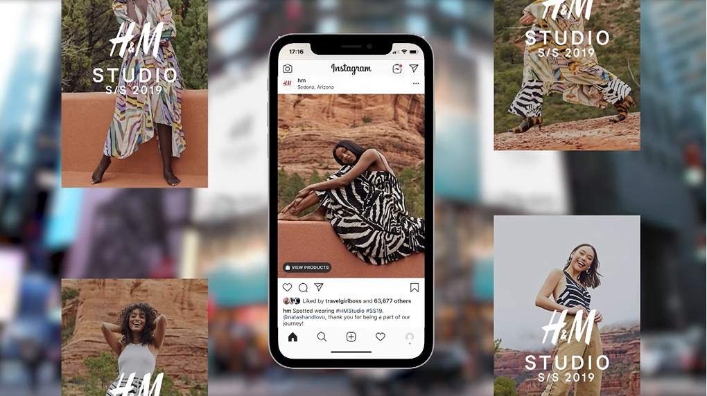 Smartphone screen showing an Instagram post of a woman in a zebra-print dress sitting outdoors, surrounded by images of women modeling colorful H&M Studio S/S 2019 outfits.