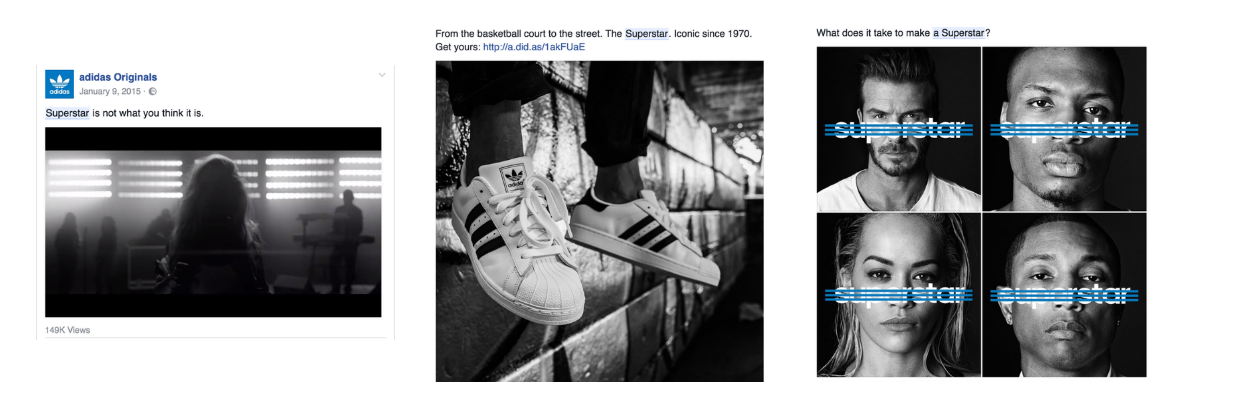 Black and white Adidas ad showing: a silhouetted figure in a lit gym setting, close-up of person wearing Adidas Superstar sneakers by a wall, and four portraits with the word 'superstar' crossed out over each face.