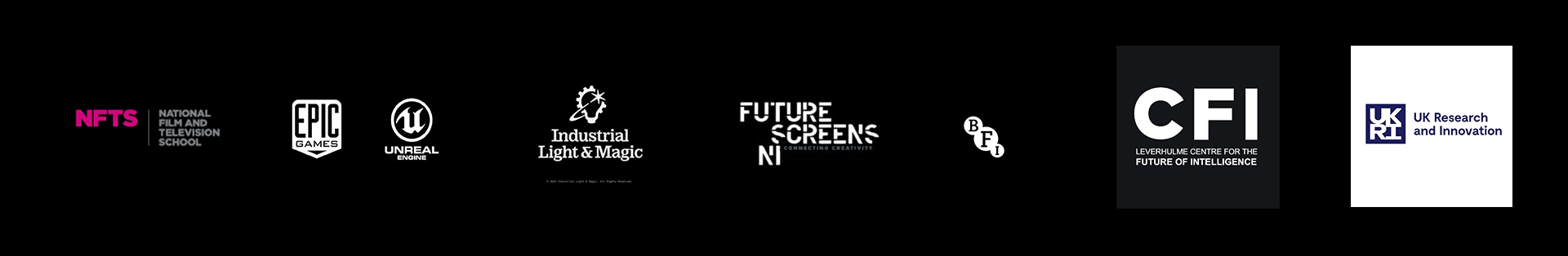 Logos of National Film and Television School, Epic Games, Unreal Engine, Industrial Light & Magic, Future Screens NI, BFI, CFI Leverhulme Centre for the Future of Intelligence, and UK Research and Innovation on a black background.