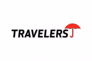 The word TRAVELERS in bold black letters with a red umbrella incorporated as the letter 'J'.
