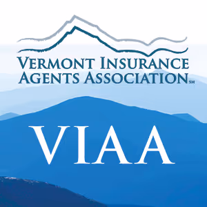Logo of Vermont Insurance Agents Association with mountain graphic and acronym VIAA over blue mountain silhouettes.