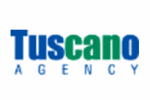 Tuscano Agency logo with 'Tuscano' in bold blue and green letters and 'AGENCY' in smaller blue letters below.