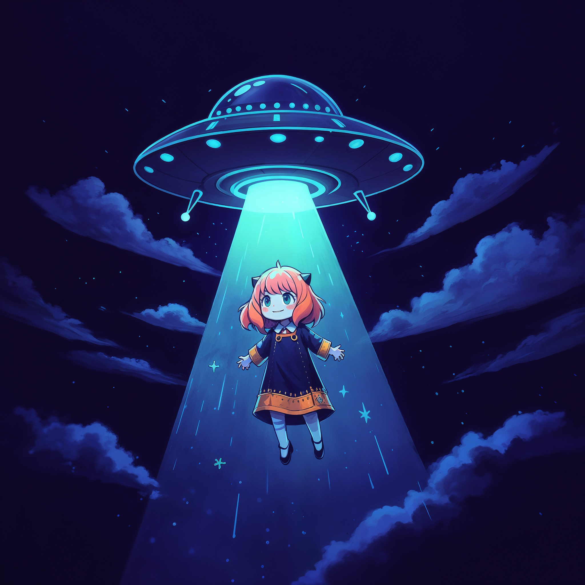 Chibi-style girl with red hair and a black dress being beamed up by a glowing blue UFO in a starry night sky.