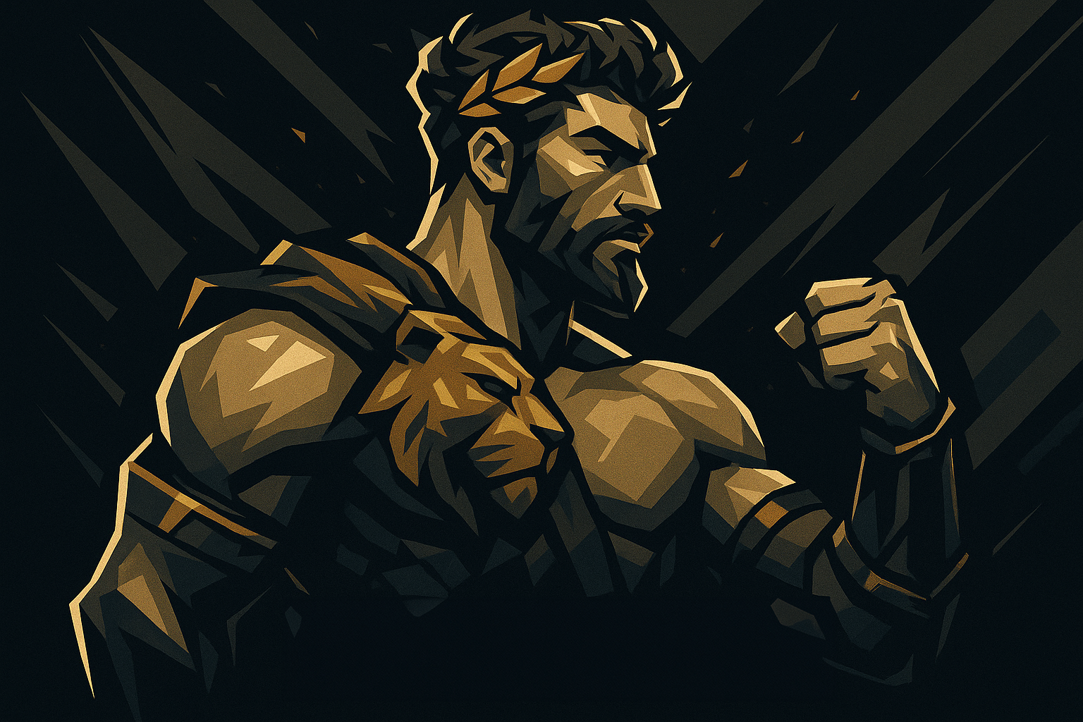 Stylized muscular man with a beard and laurel wreath, wearing a lion shoulder armor and raising a clenched fist.