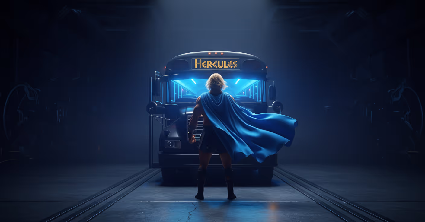 Back view of a muscular figure with a blue cape facing a bus labeled Hercules inside a dimly lit garage.