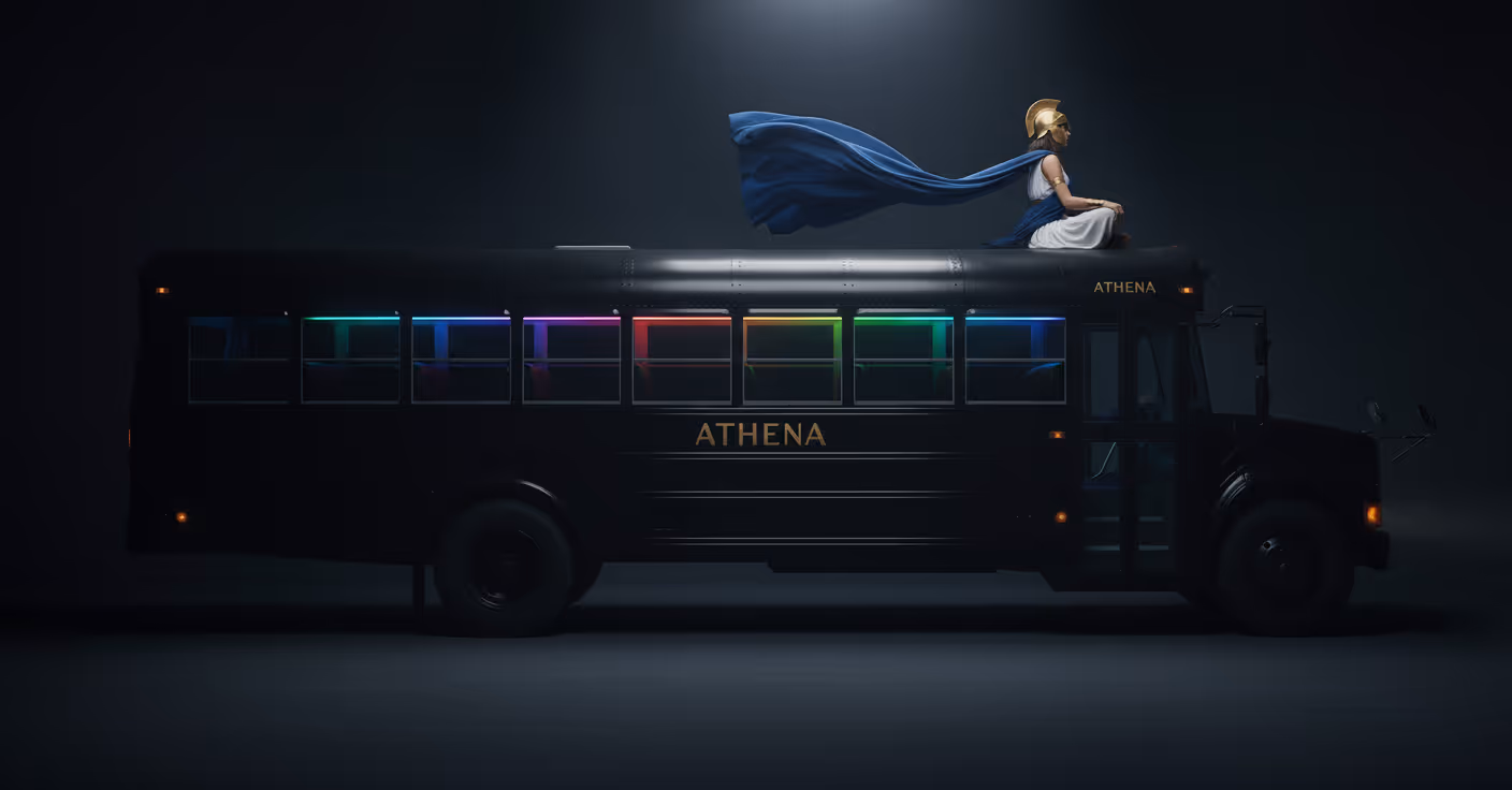 Greek God wearing a golden Greek helmet and blue cape sitting on top of a black party bus with the name Athena, illuminated with multicolored window lights, in a dark setting.