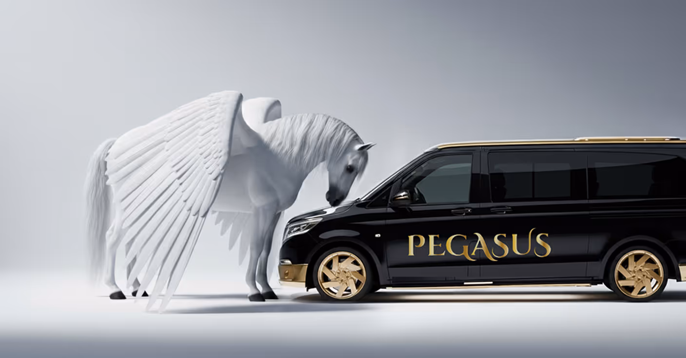 White Pegasus with wings standing next to a black luxury party van with gold accents and the word PEGASUS on its side.