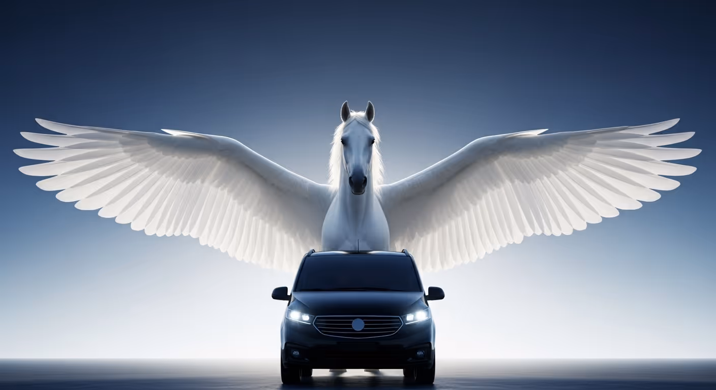 White winged horse with wings spread wide, positioned above a black party van with headlights on.