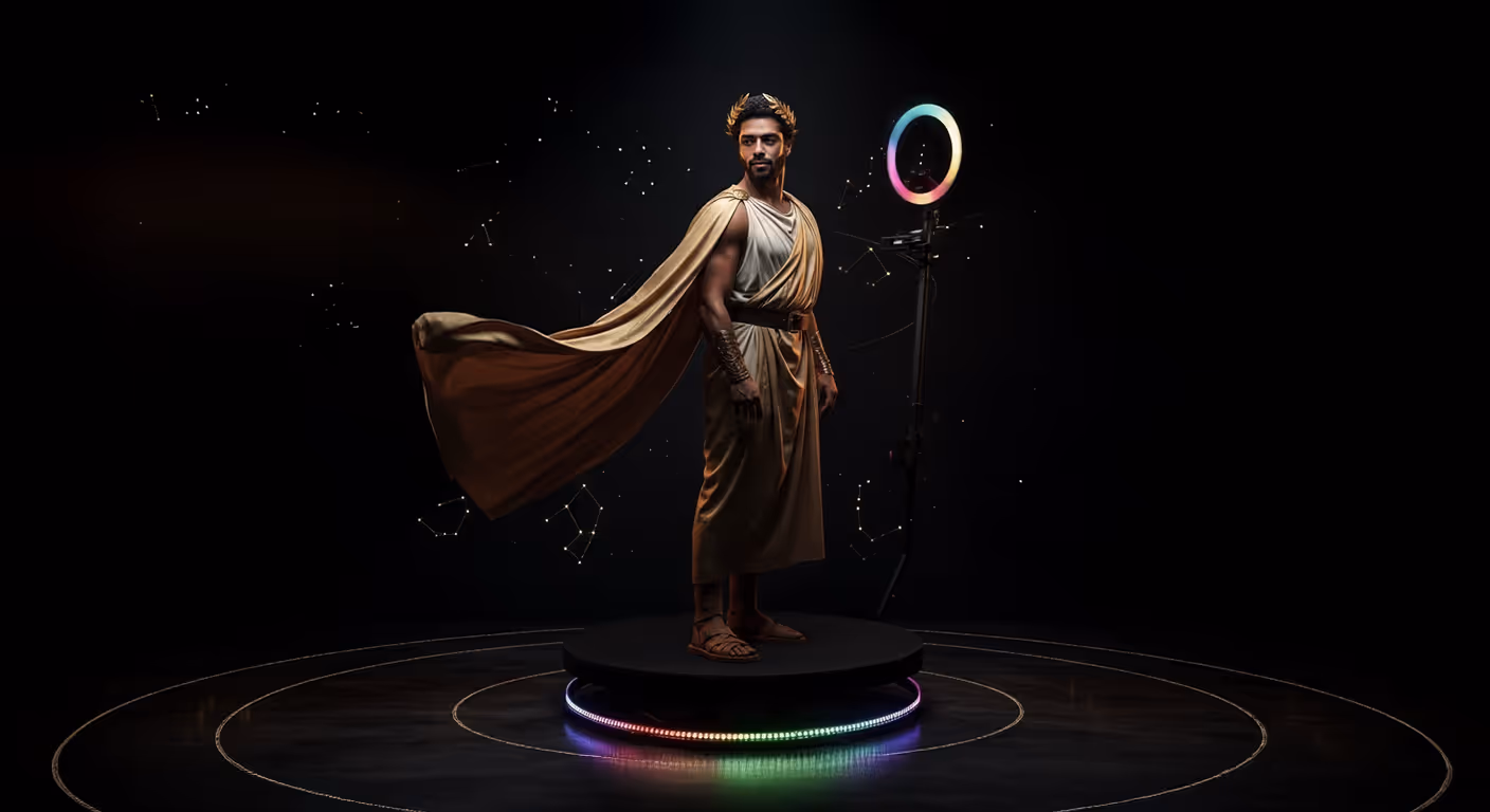 Man dressed as Apollo wearing a golden toga and laurel wreath, standing on a circular platform with illuminated edges, against a dark background with constellation patterns.