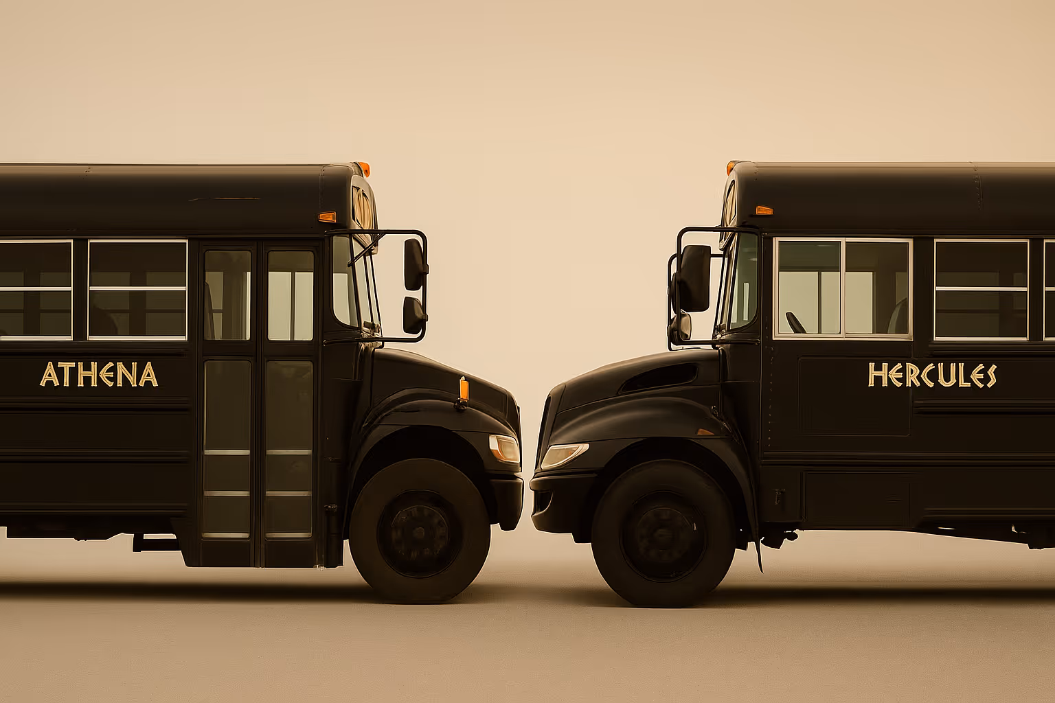 Two party buses facing each other labeled Athena and Hercules.