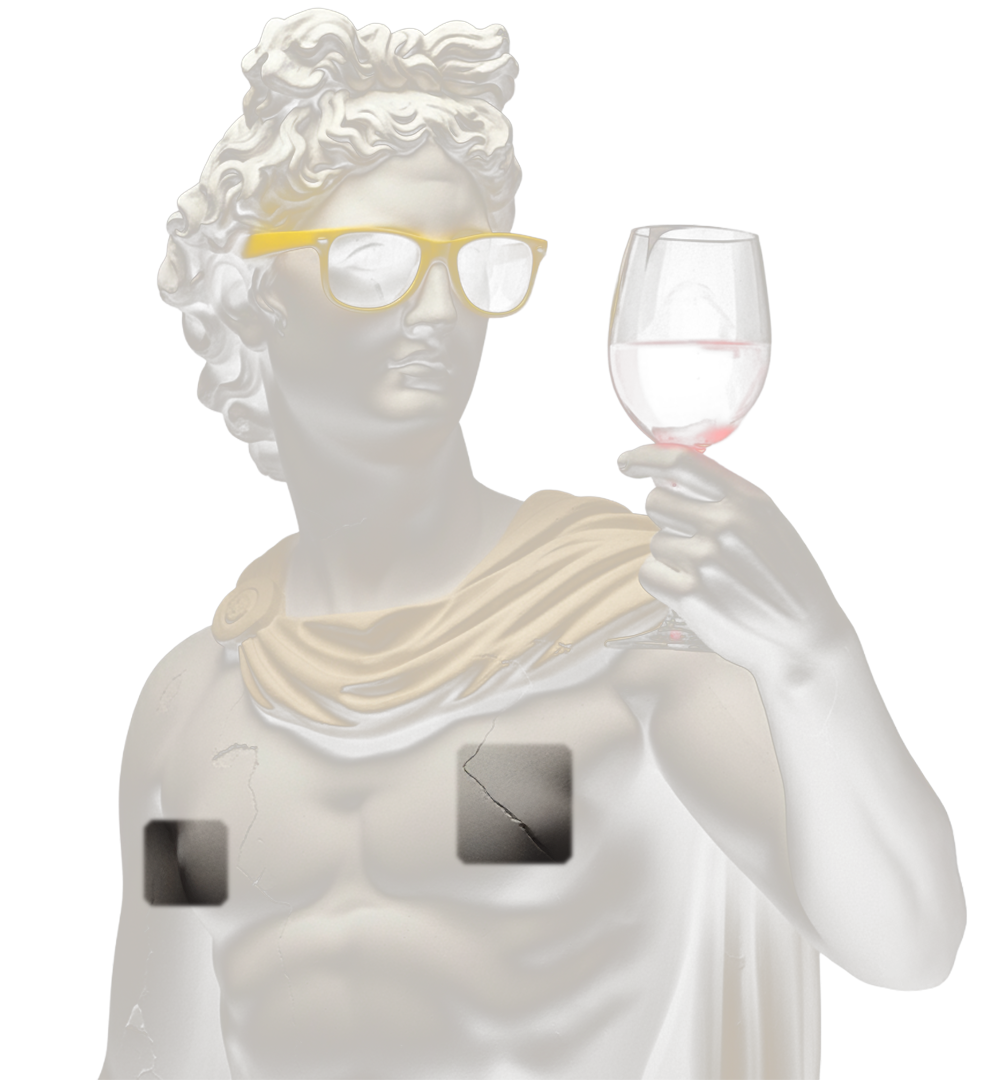 Classical statue wearing yellow sunglasses and holding a glass of red wine.