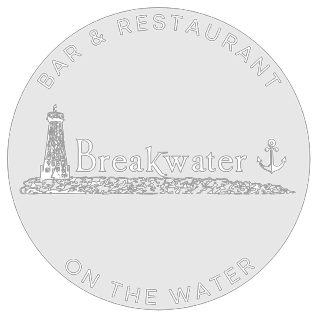 Logo for Breakwater Bar & Restaurant featuring a lighthouse, rocky breakwater, and an anchor inside a black circle with white text.