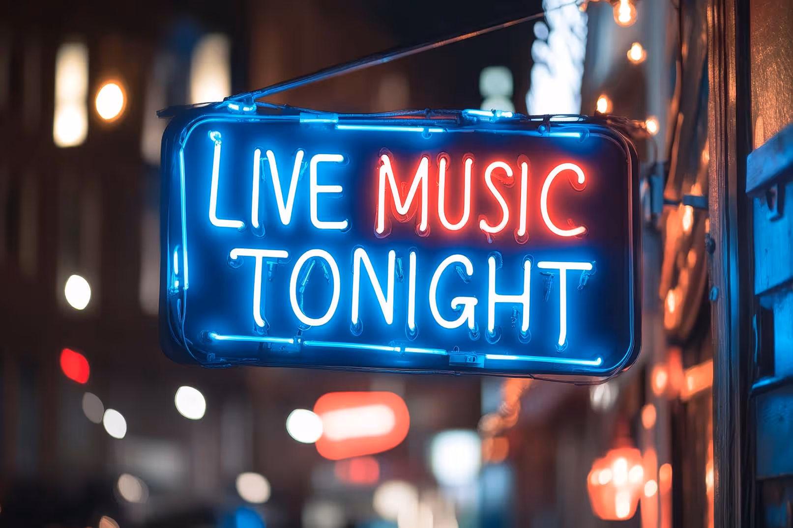 Neon sign reading 'LIVE MUSIC TONIGHT' glowing in blue and red at night.