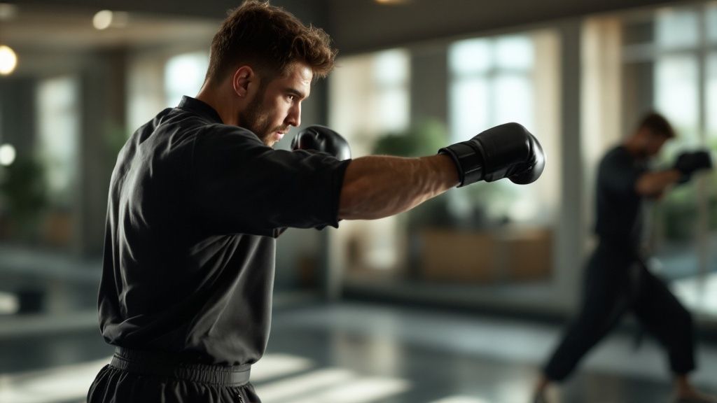 A martial artist practicing their form alone in a dojo
