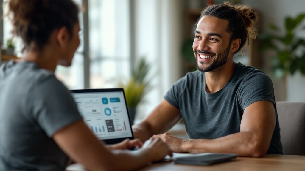 A personal trainer looking at their business growth on a laptop, symbolizing business transformation.