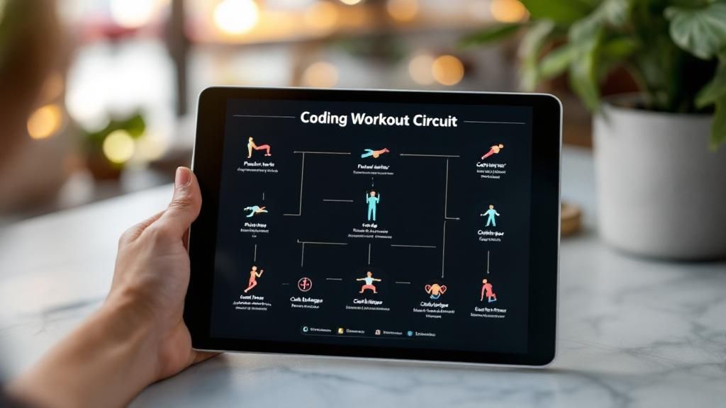 A gym owner reviewing business analytics on a tablet with a bright, modern studio in the background