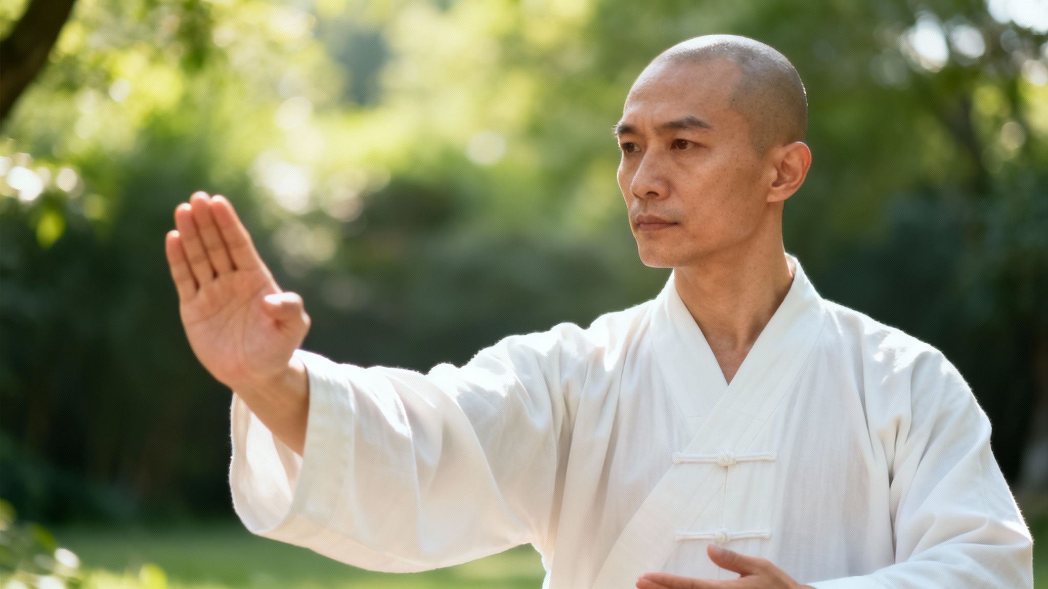 A martial artist in a focused, meditative pose, illustrating the mental calm achieved through training.