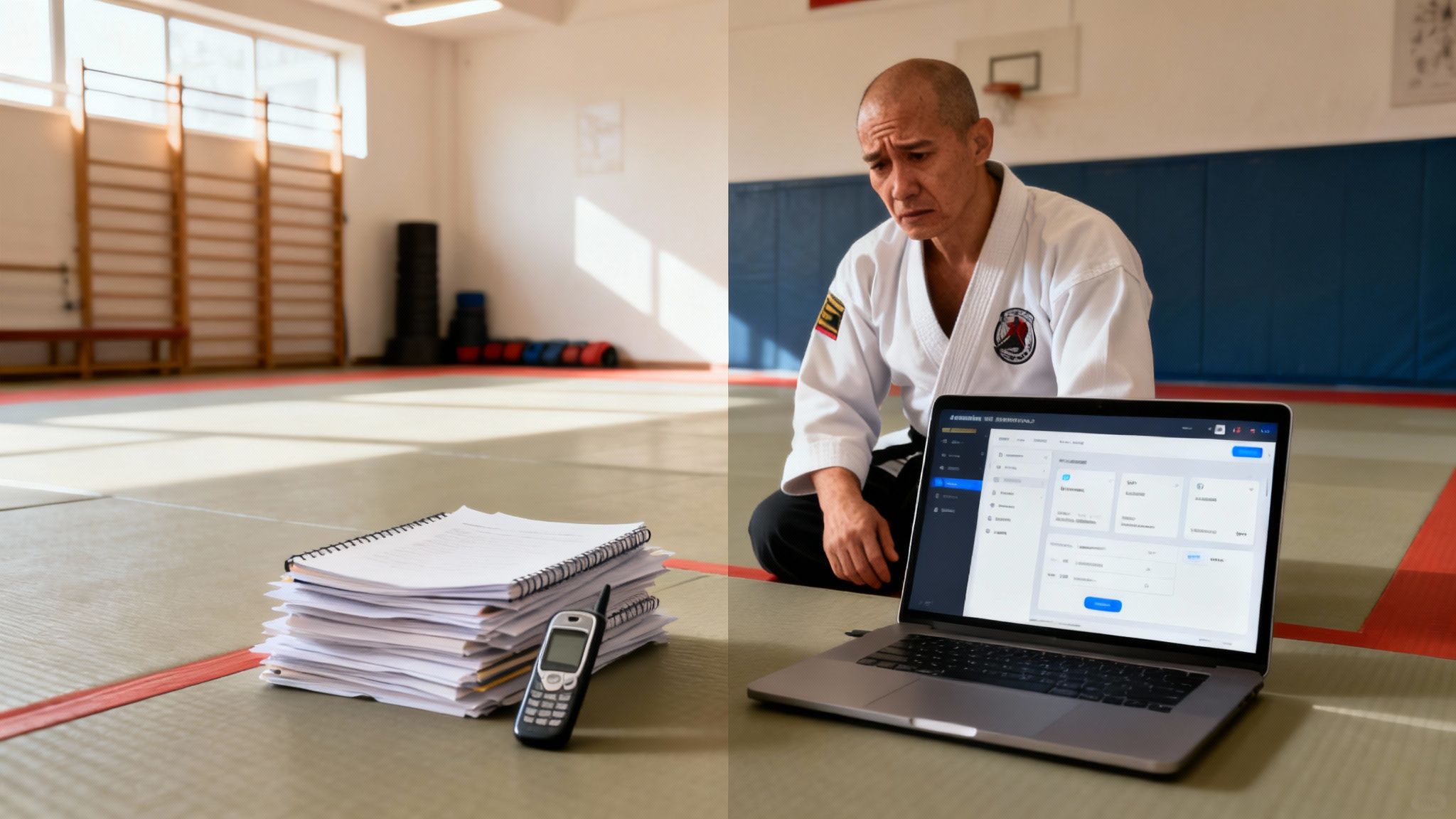 A martial arts school owner efficiently managing class schedules and payments on a tablet, showcasing the software's central role.