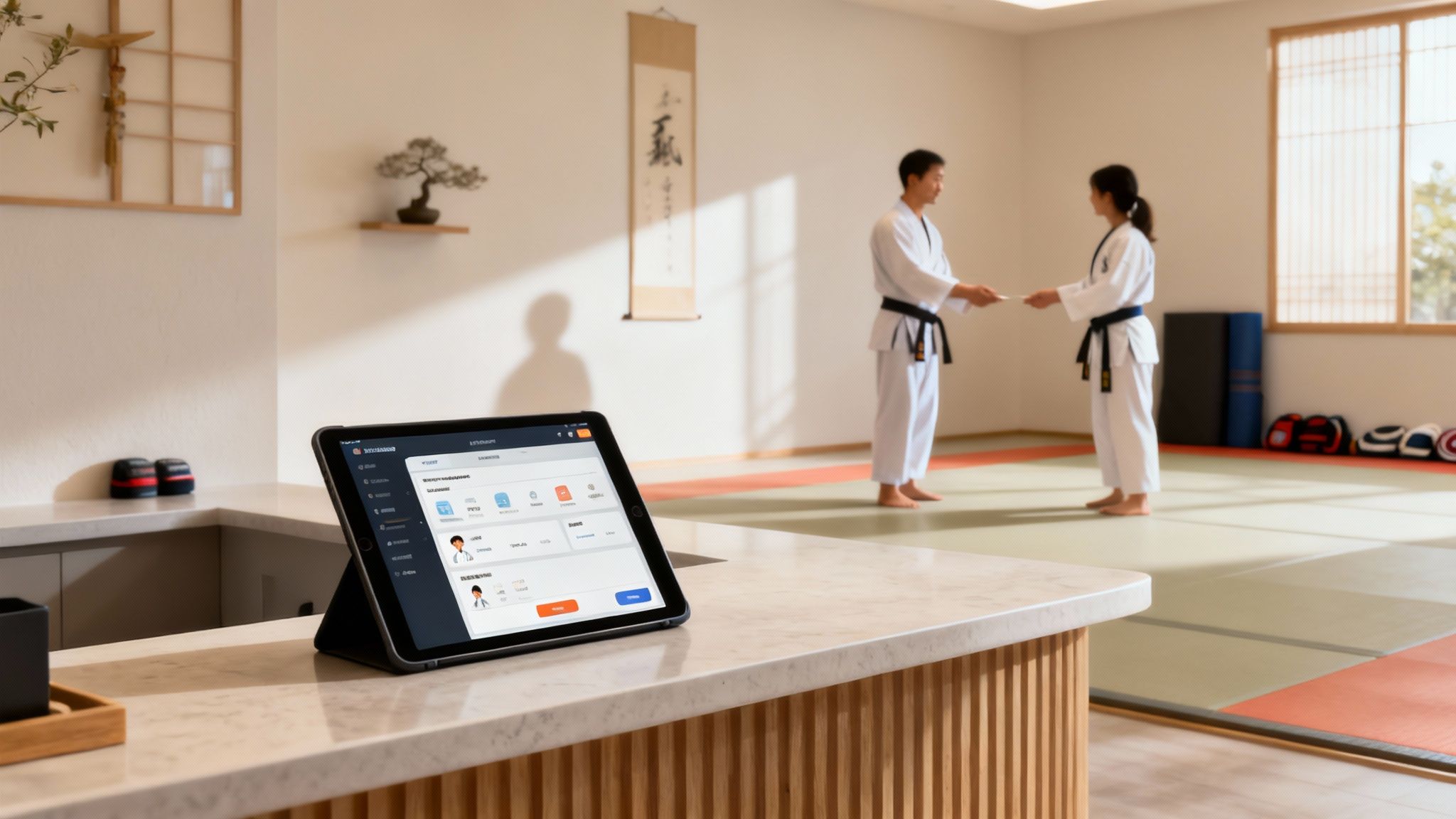 A martial arts instructor guiding a student during a class, symbolizing focused teaching made possible by efficient management.