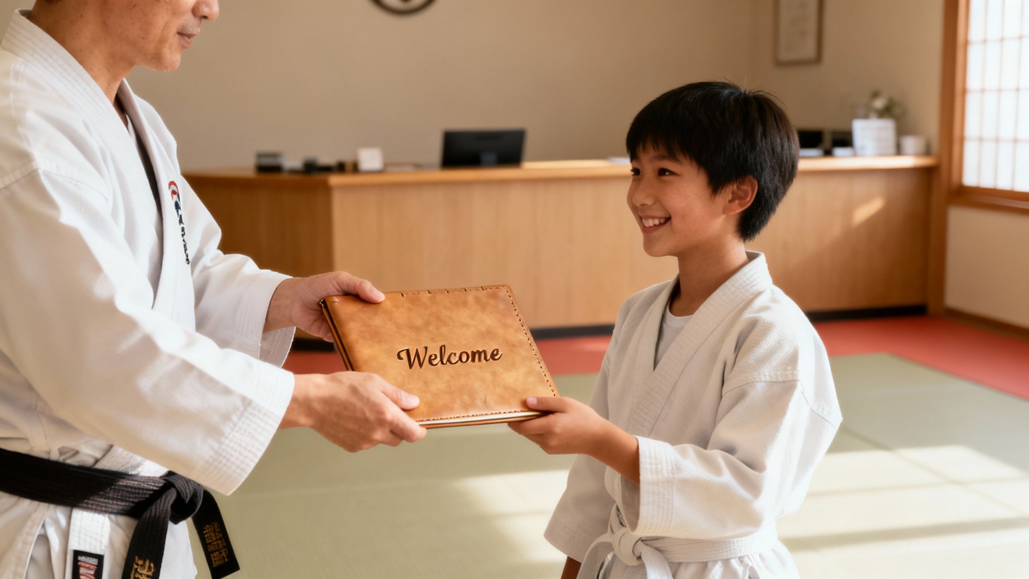 An instructor warmly welcoming a new student to a martial arts class.