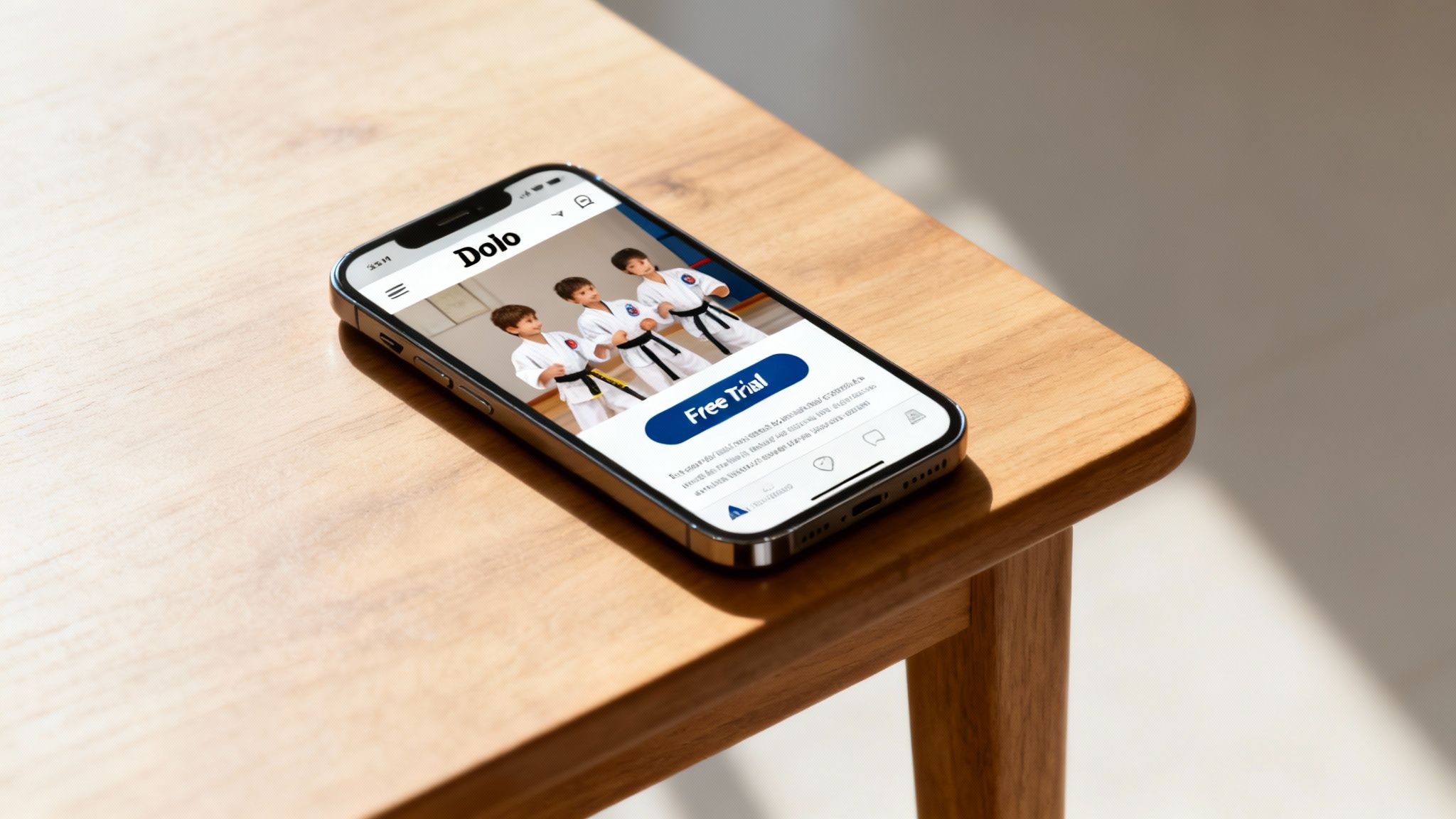 A martial arts instructor warmly greets a new student and their parent at the dojo entrance.