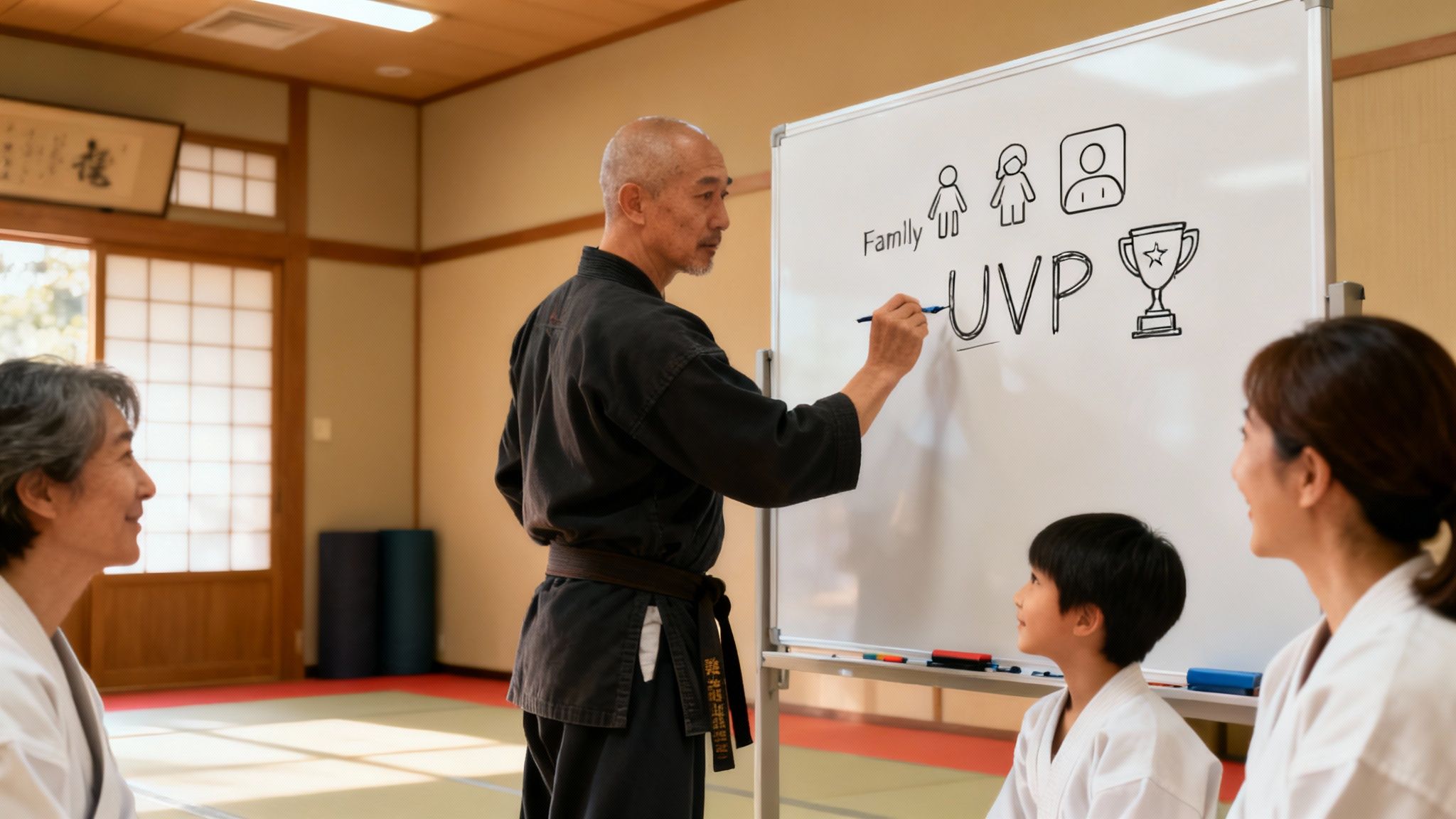 A group of young martial arts students sitting on the mat, listening attentively to their instructor.