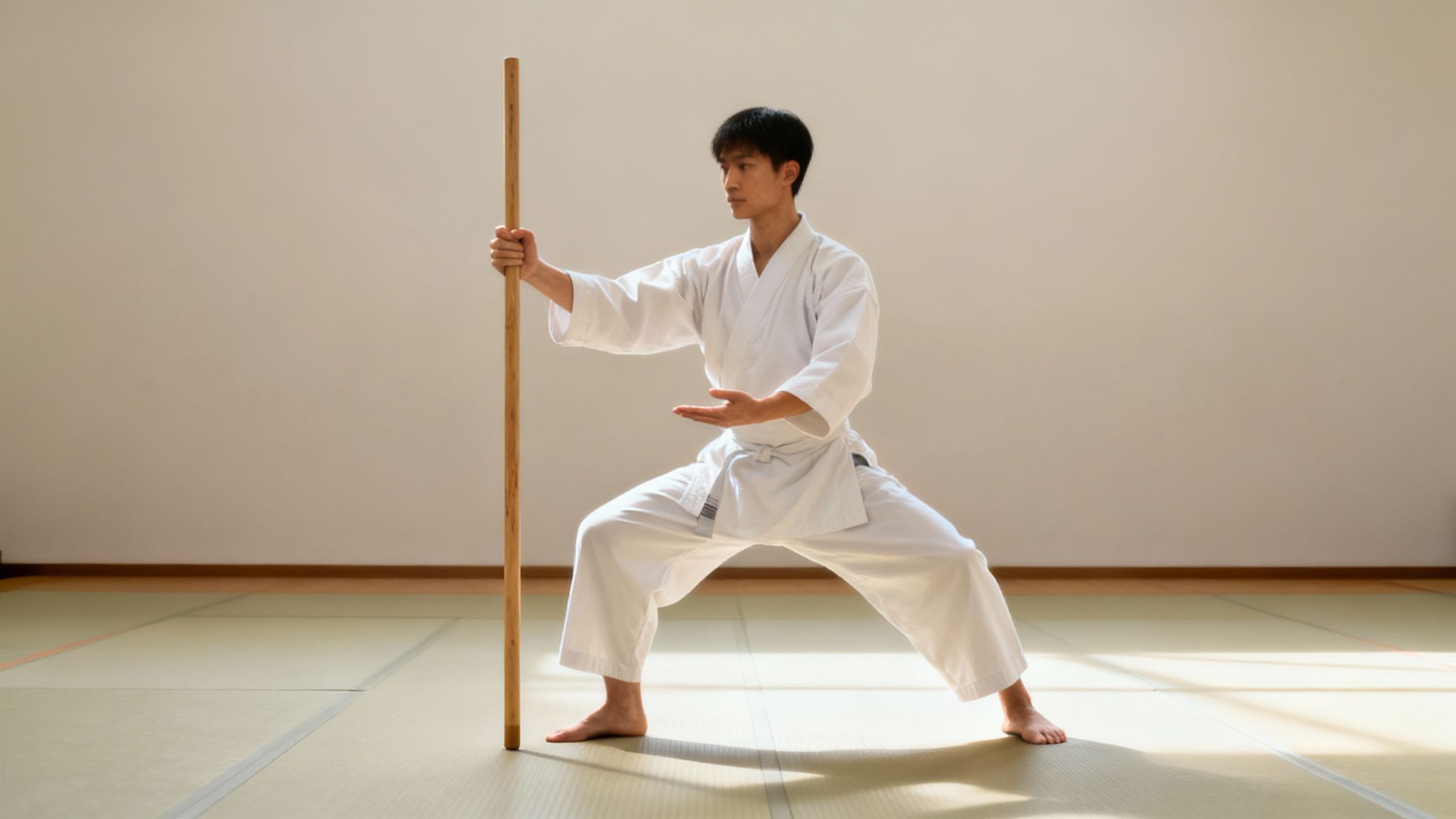 A martial artist practicing with a staff in a traditional dojo setting.