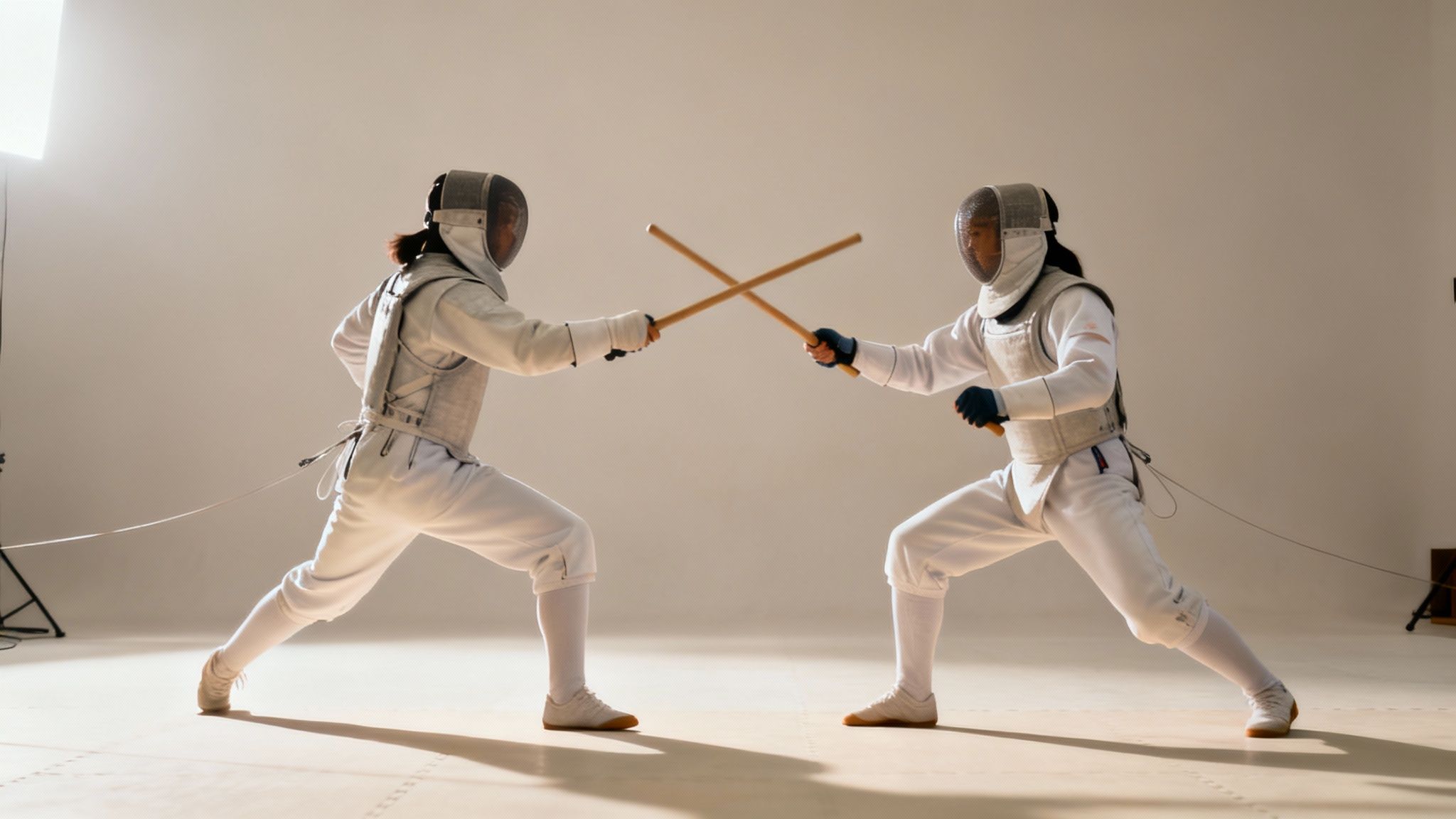 Two martial artists engaging in a controlled staff sparring drill.