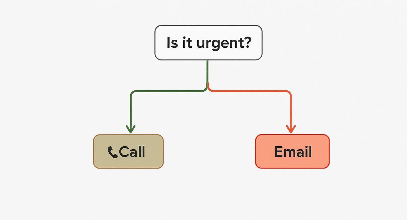 Infographic decision tree for parent communication, showing that urgent matters require a call and non-urgent matters should be an email.