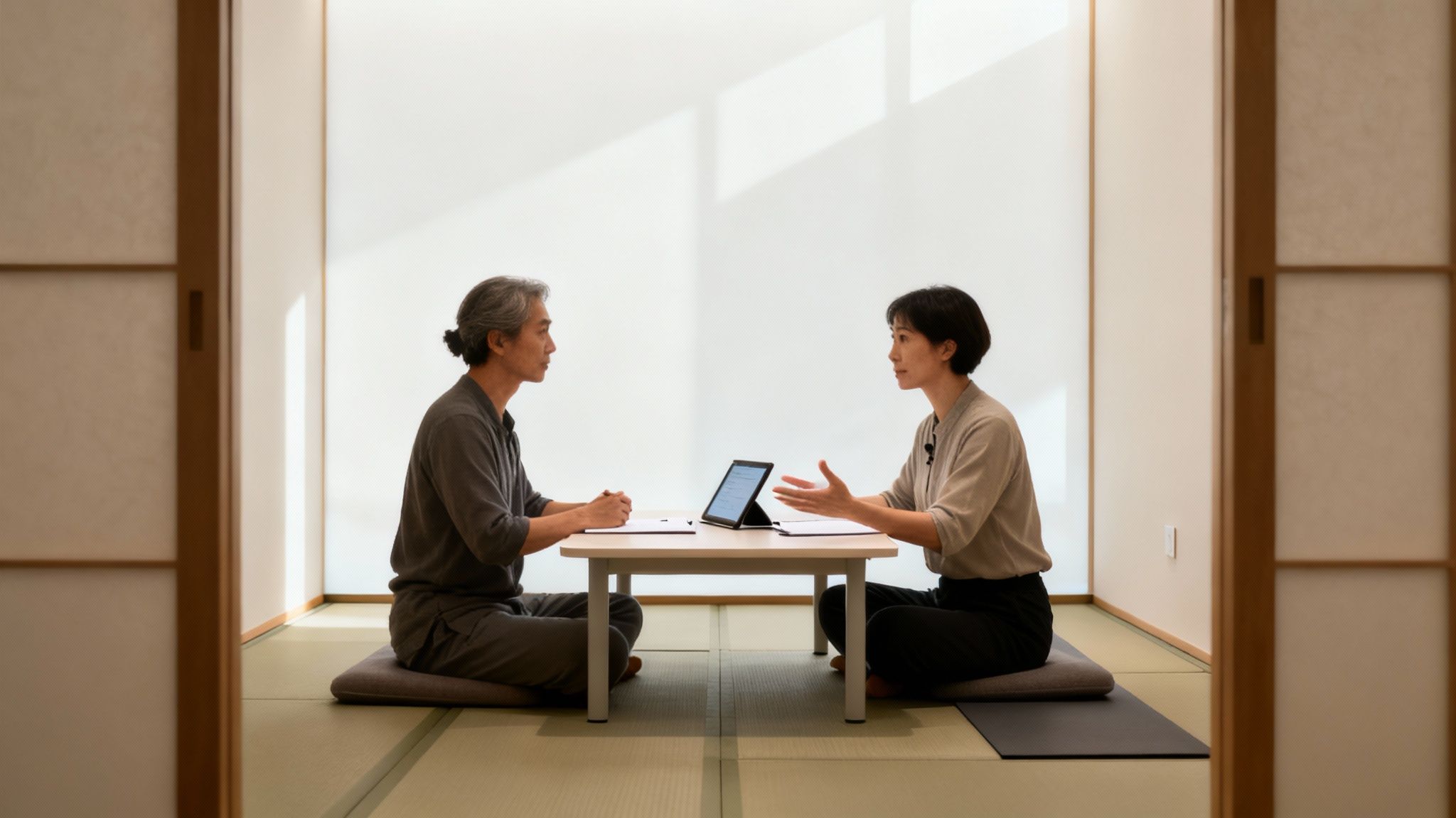 A martial arts instructor having a calm, focused conversation with a parent in a dojo office.