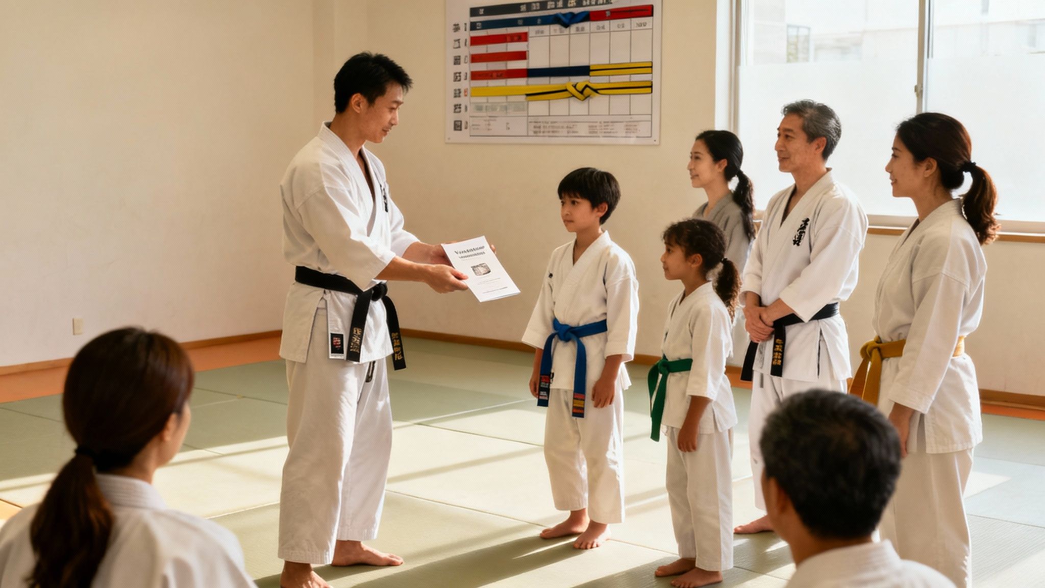 Martial arts instructor talking with a parent and their child in a dojo