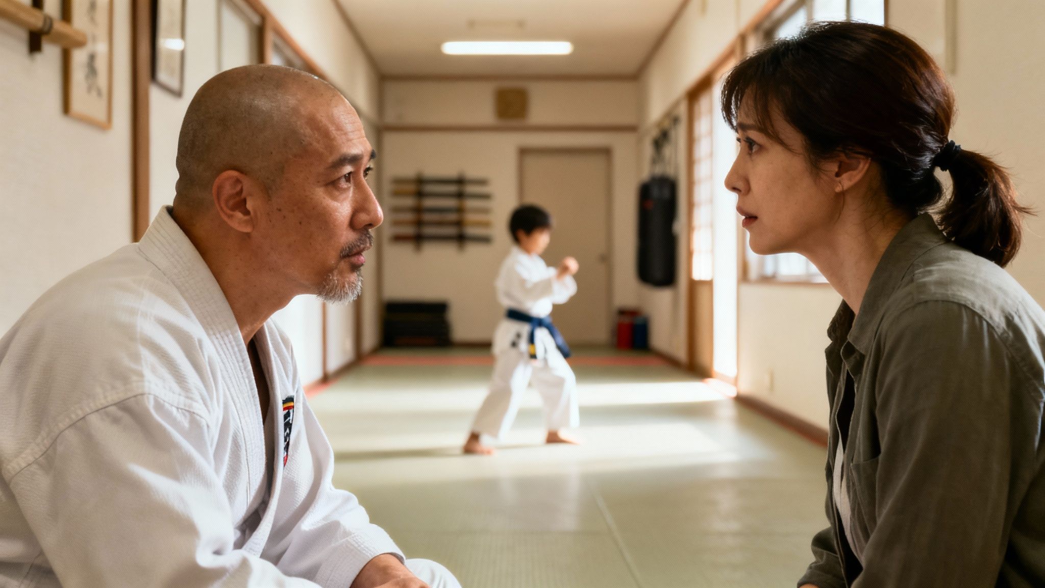 A concerned parent talking to a martial arts instructor