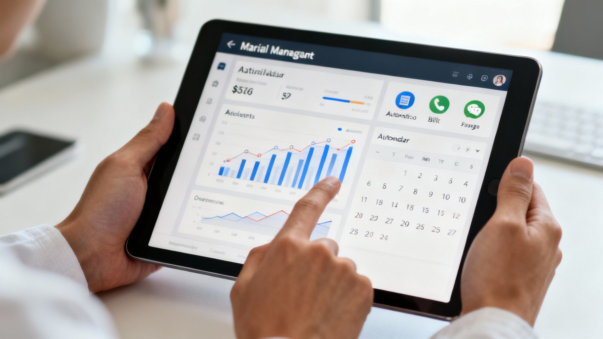 Martial arts instructor using a tablet to manage class attendance.