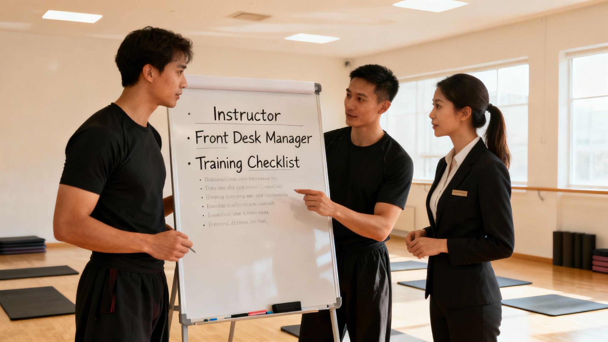 Martial arts instructor guiding a student in class, demonstrating team leadership.
