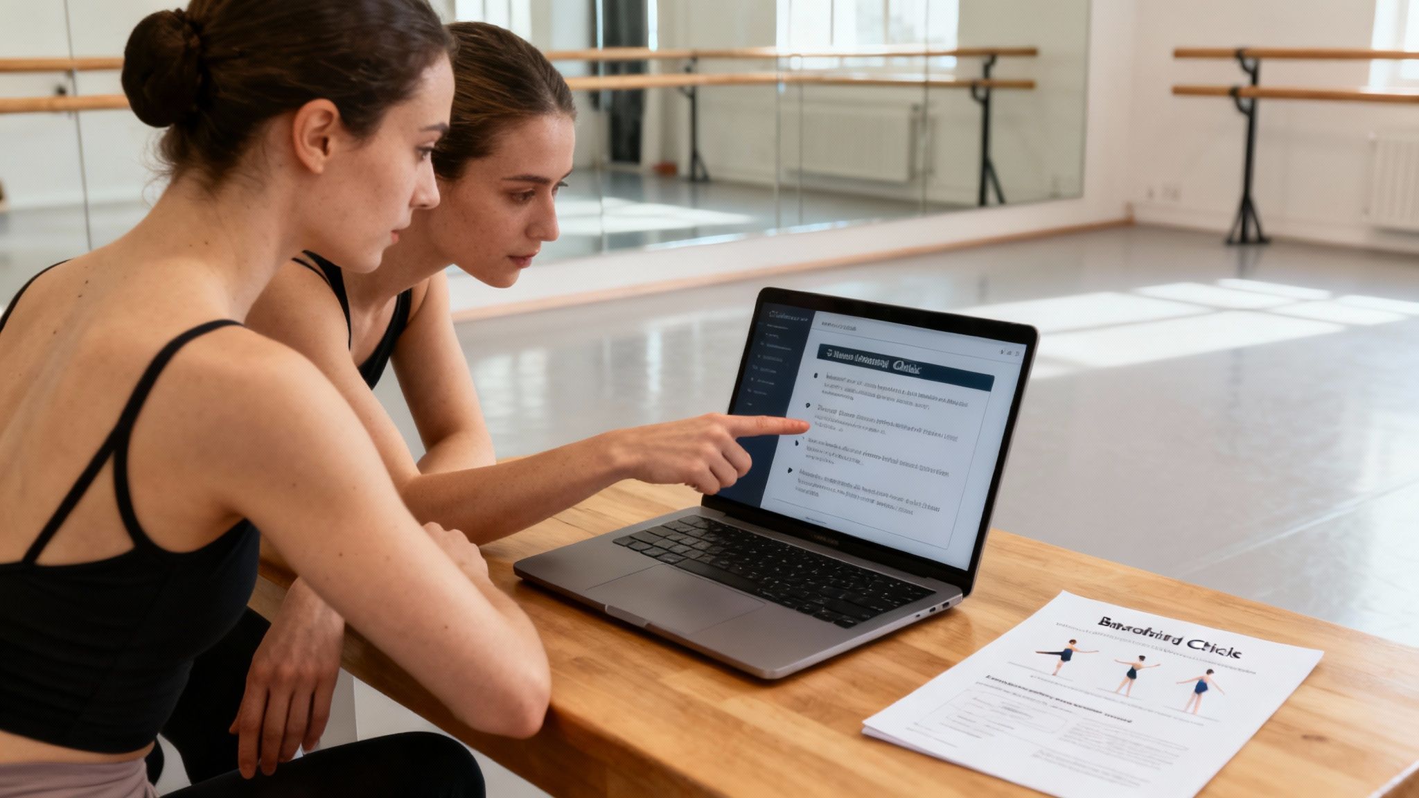 A dance studio owner and a staff member collaborating over a laptop, planning the implementation of new software.