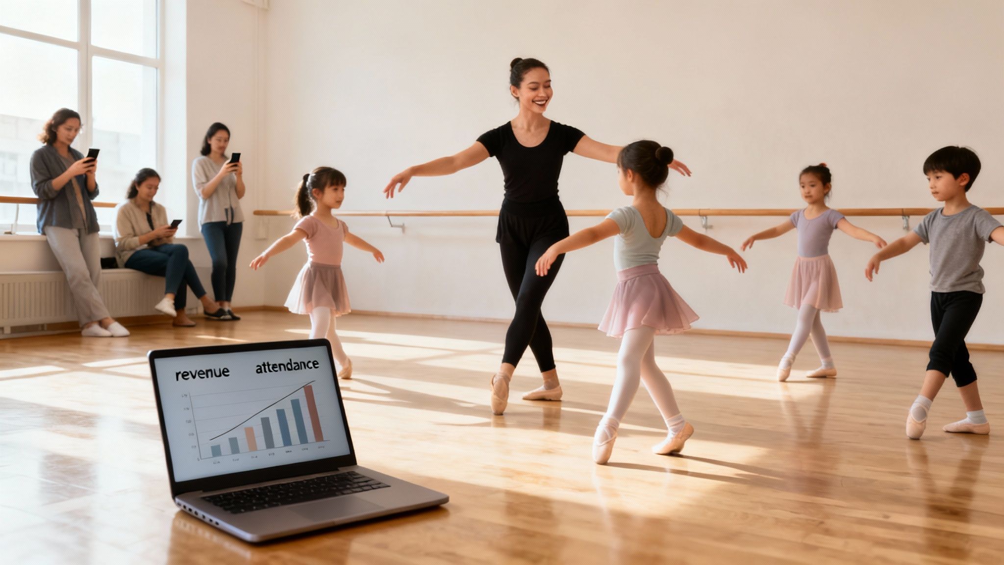 Close-up of a smiling dance instructor using a tablet to manage her studio schedule, with students visible in the blurred background.