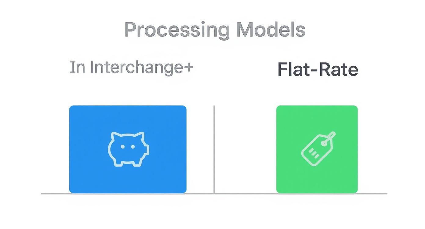 Infographic comparing Interchange-Plus and Flat-Rate payment processing models.