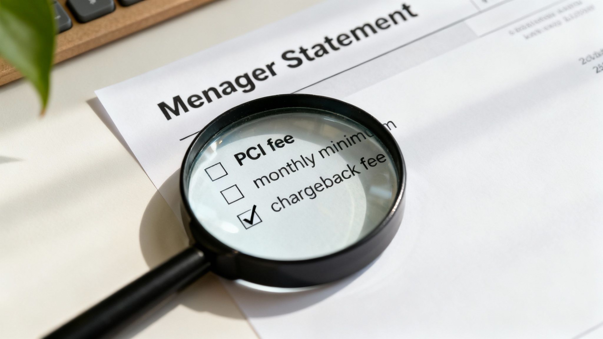 A magnifying glass hovering over a payment processing statement, highlighting hidden fees.