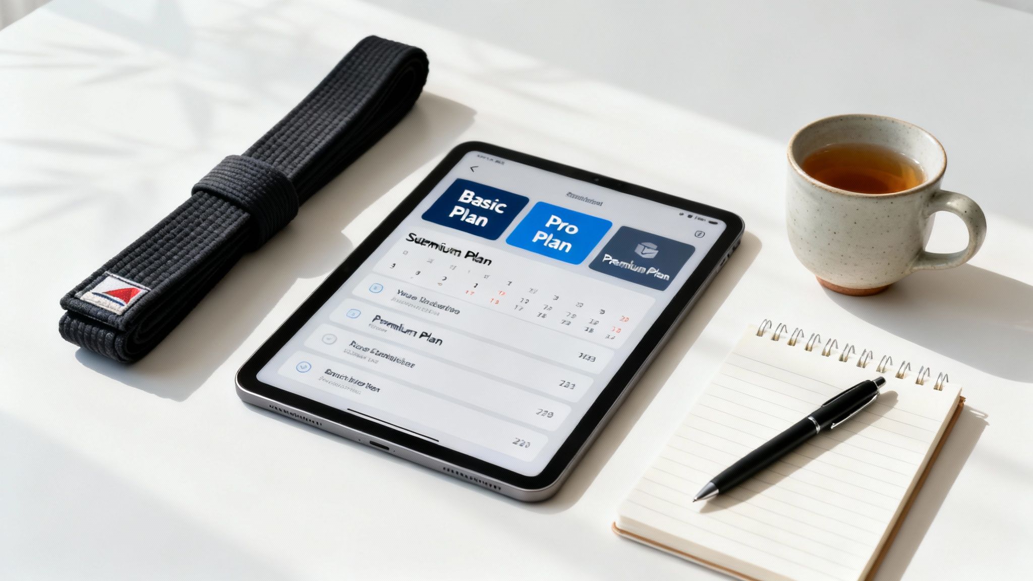 A martial arts instructor reviewing business analytics on a tablet, with a training space in the background.