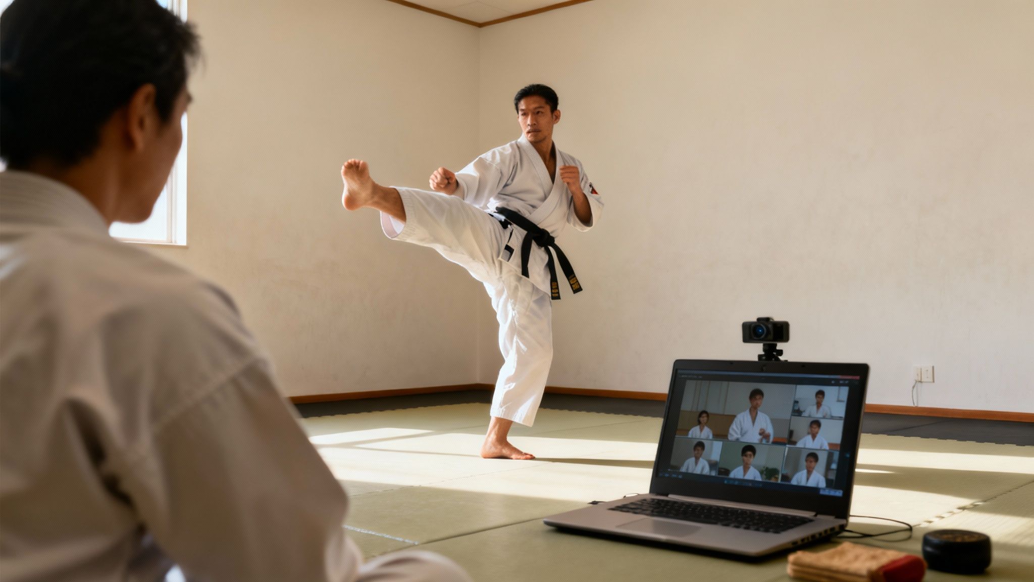 An instructor demonstrates a martial arts kick to a student in an online class setting.