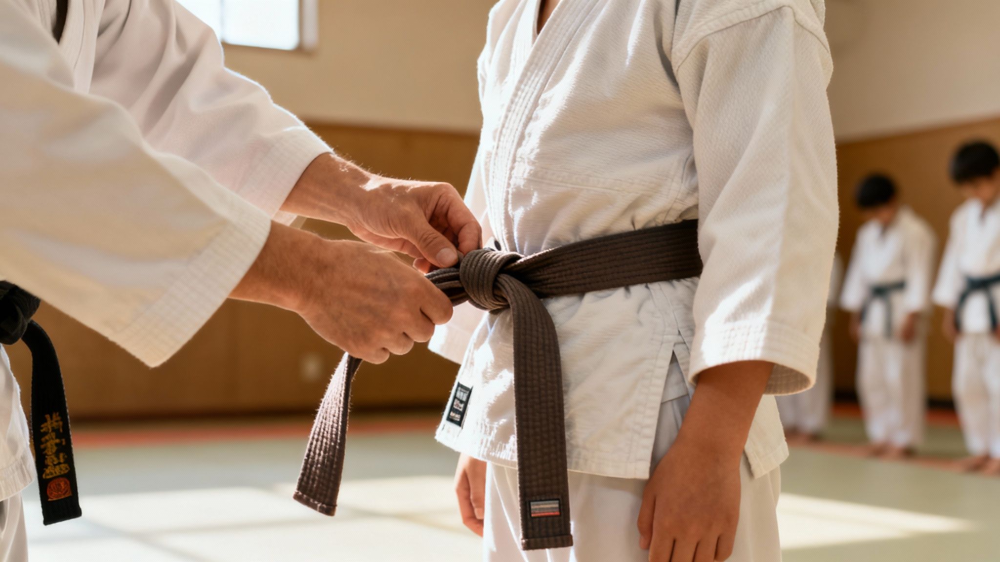 Martial arts instructor tying brown belt on student wearing white gi uniform in dojo