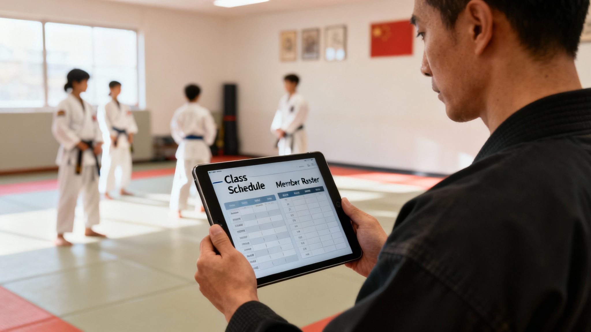 Martial arts instructor using tablet to manage class schedule and member roster in dojo