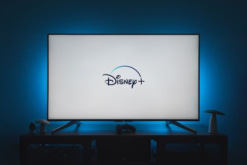 A TV on showing the Disney Plus logo