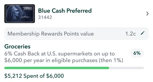 Blue Cash Preferred card showing a progress bar on groceries spent out of its yearly limit