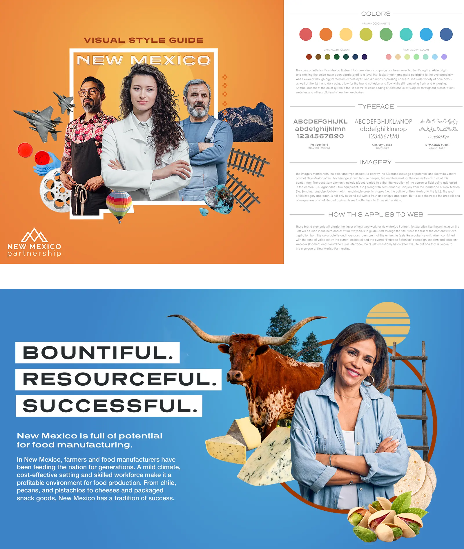 New Mexico Partnership visual style guide and 'Bountiful. Resourceful. Successful.' campaign banner showing brand system application