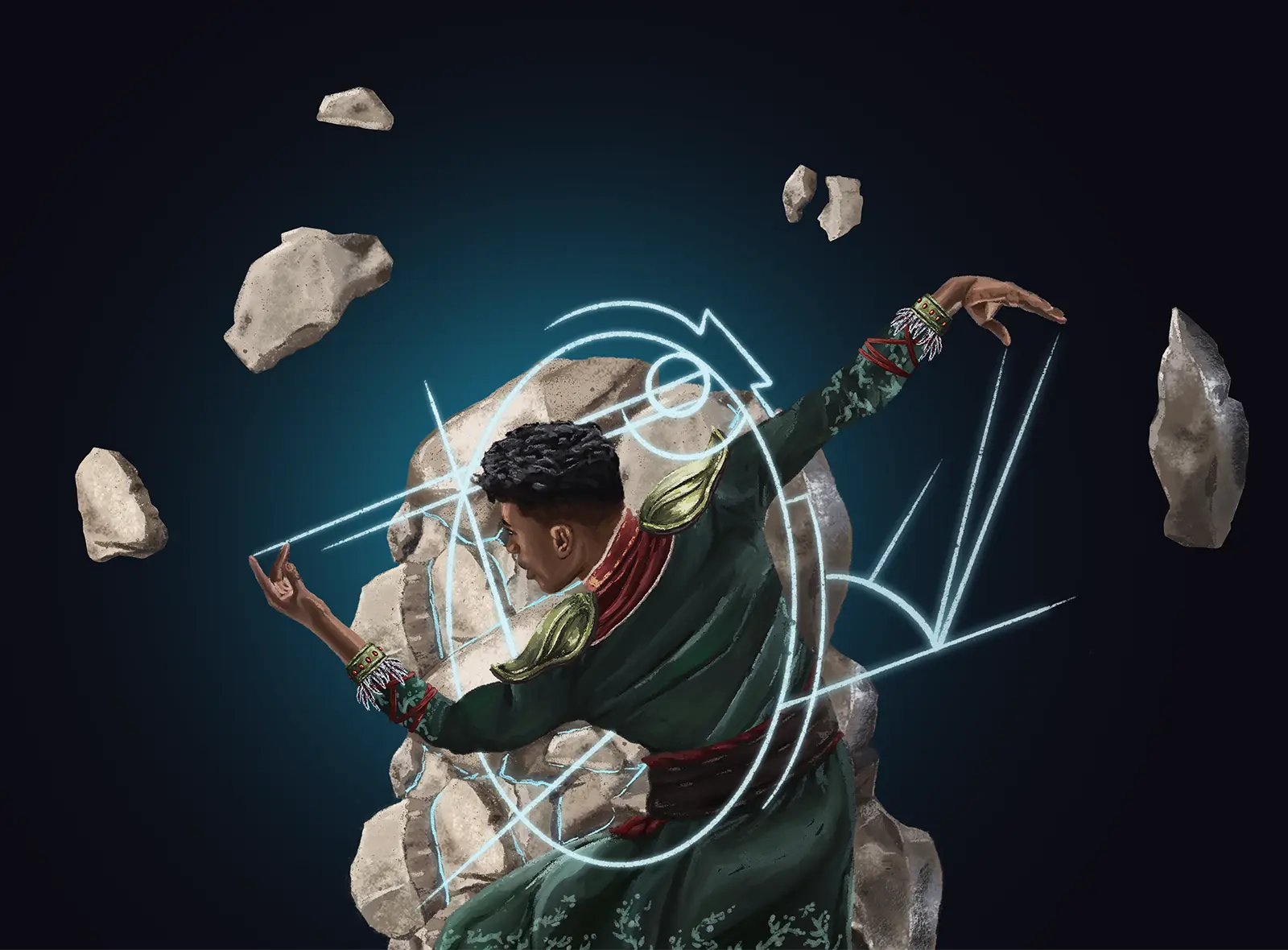 World of Vesser Sigil Arcanist original character illustration by Anne Claire Houck showing a mage manipulating stone with glowing geometric magic system