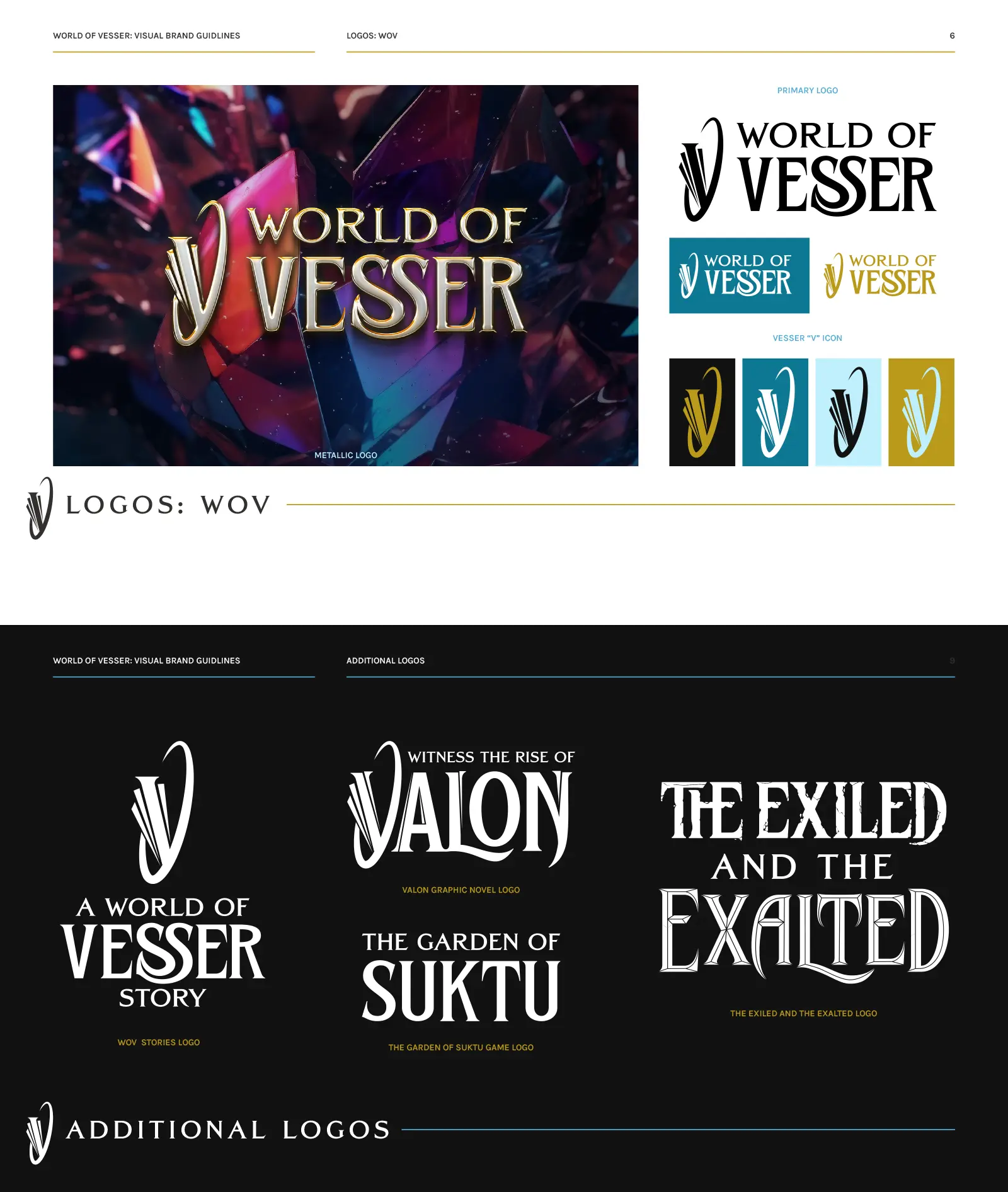 World of Vesser visual brand guidelines showing primary logo, metallic logo variations, Vesser V icon system, and additional property logos including Valon, Garden of Suktu, and The Exiled and the Exalted