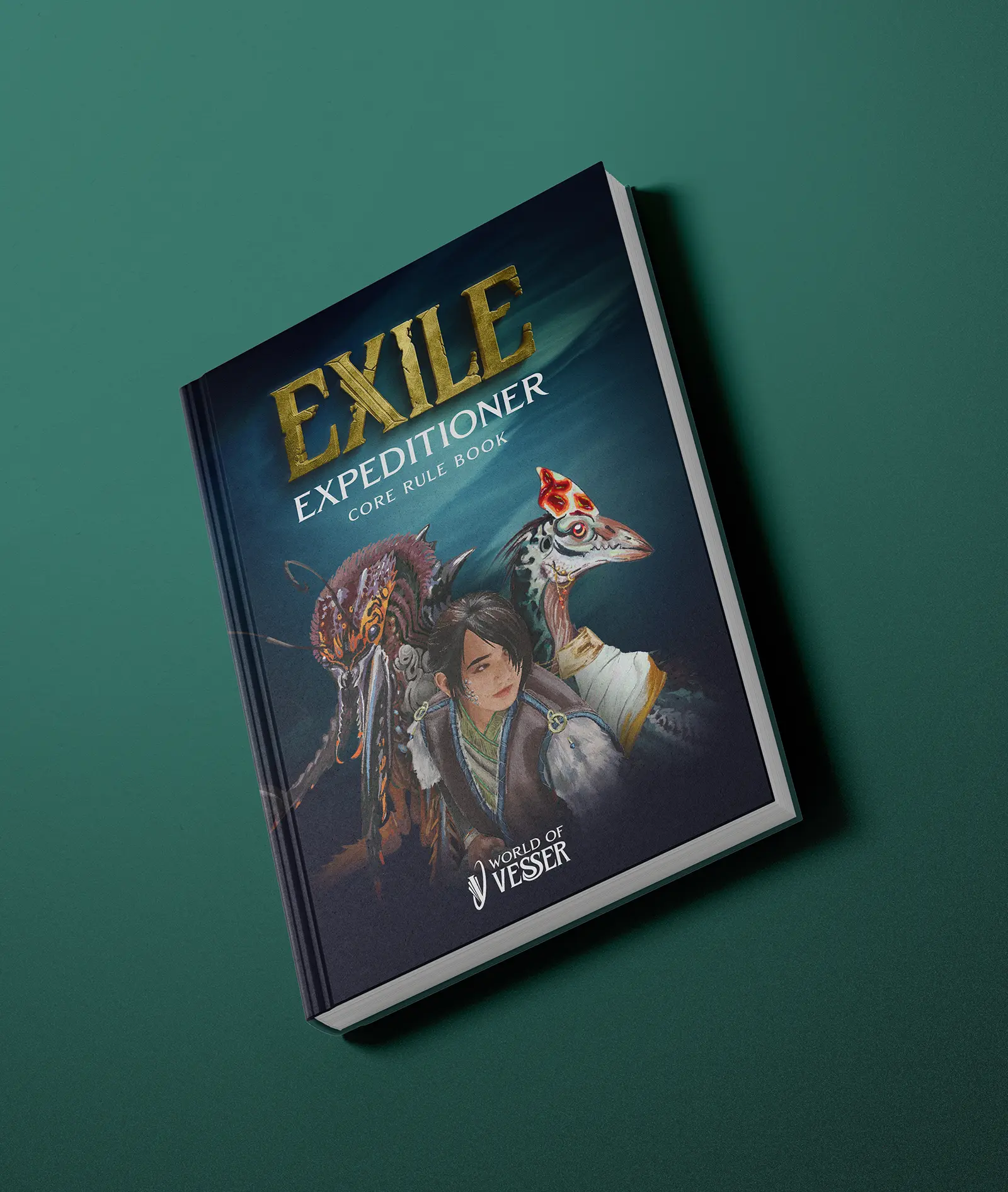 World of Vesser EXILE Expeditioner core rule book product shot showing original illustrated cover by Anne Claire Houck