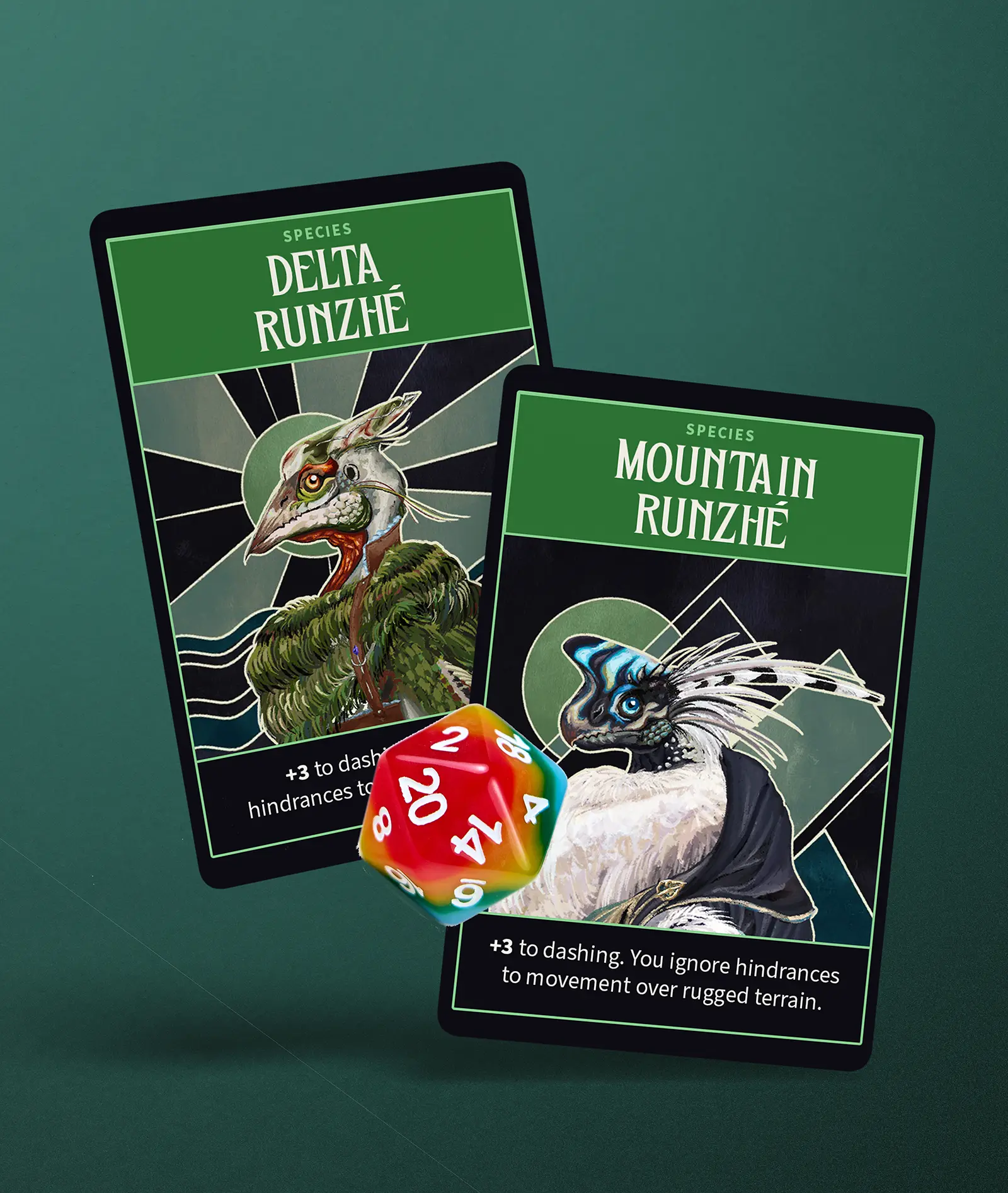 World of Vesser Delta Runzhé and Mountain Runzhé species cards showing original creature illustrations by Anne Claire Houck with game mechanics and dice