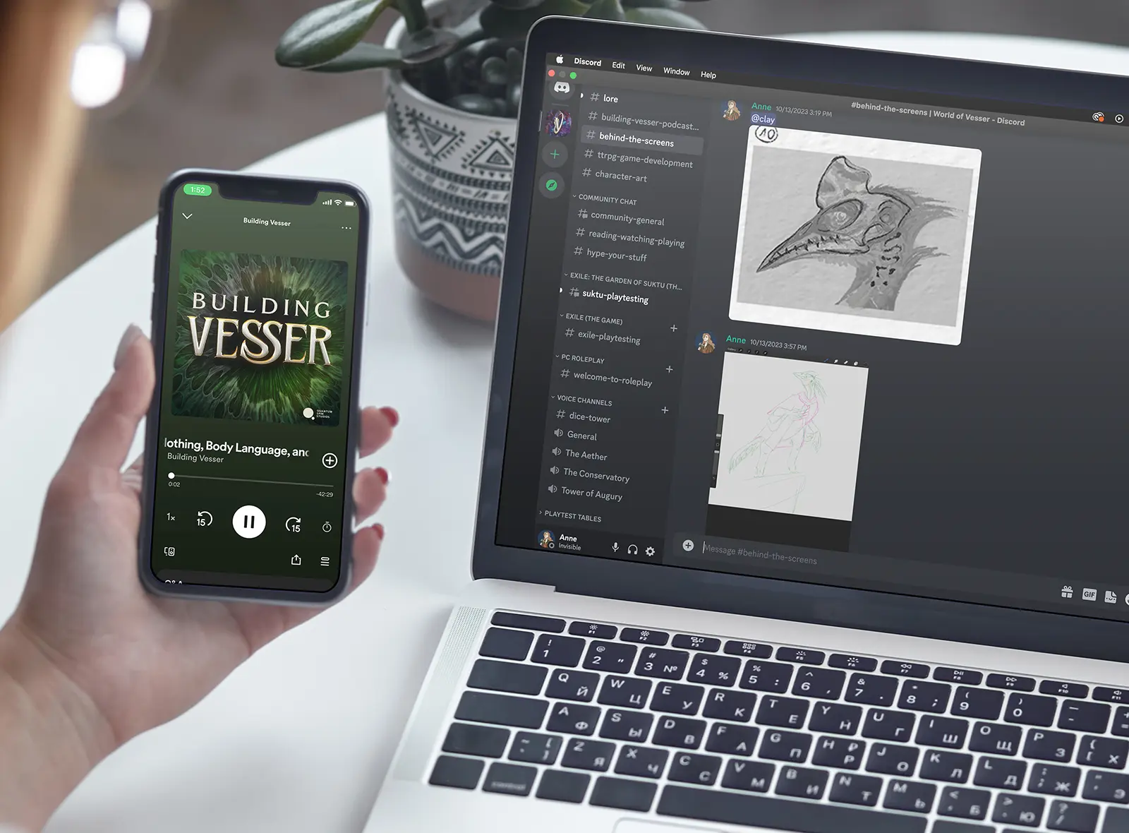 Image of person holding a phone playing podcast (Building Vesser) and scrolling the World of Vesser Discord community